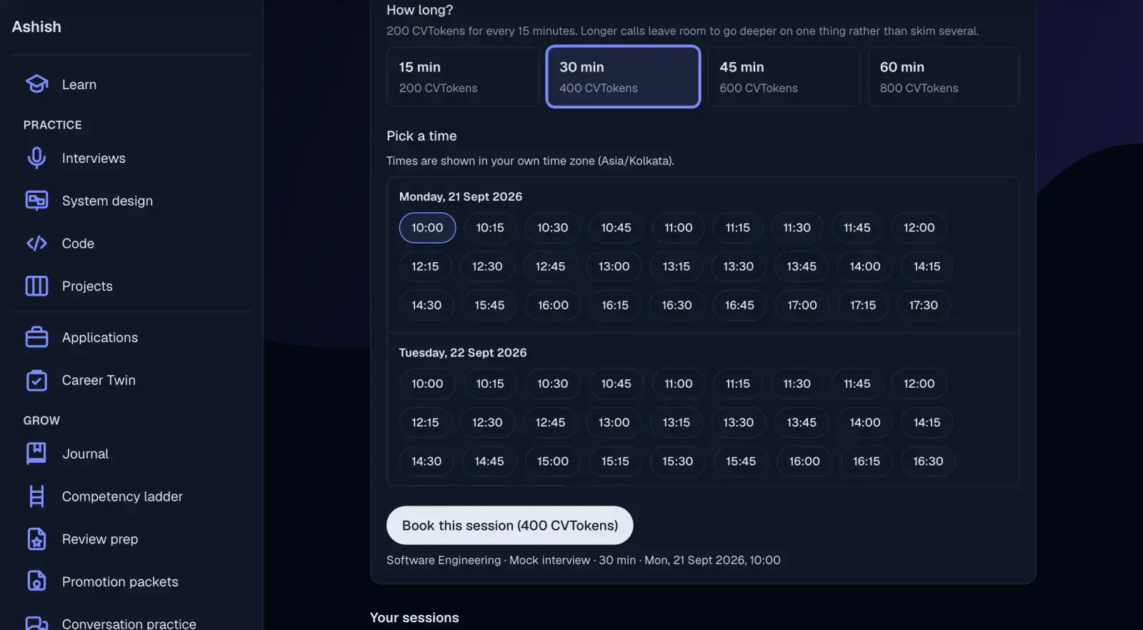 The Meet with experts booking page: a How long? row of 15, 30, 45 and 60 minute options priced at 200, 400, 600 and 800 CVTokens with 30 min selected, and a Pick a time grid noting that times are shown in the reader's own time zone, listing open fifteen-minute starts across Monday 21 September and Tuesday 22 September, above a Book this session button reading 400 CVTokens and a summary line of Software Engineering, Mock interview, 30 min, Mon 21 Sept 2026 at 10:00.
