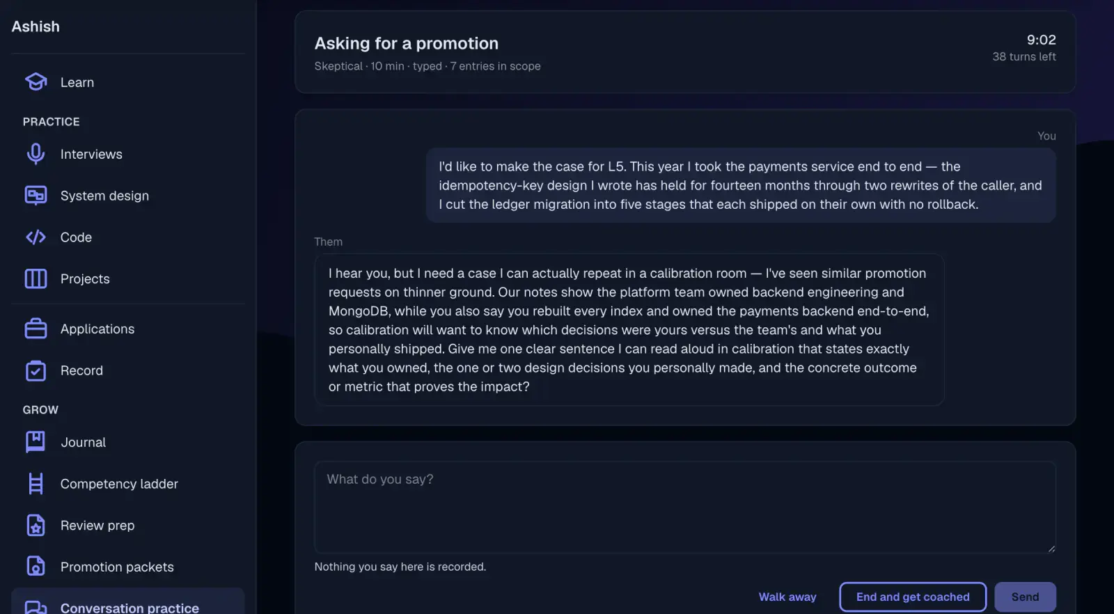 A typed conversation rehearsal titled Asking for a promotion against a skeptical counterpart, showing the user's opening case for L5 and the counterpart pushing back that the logged entries credit the team with that work and asking which decisions were personally theirs.